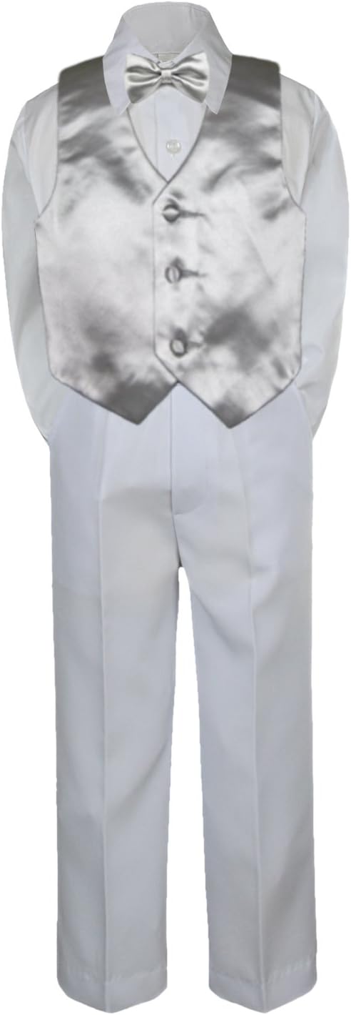4pc Baby Toddler Kid Boy Formal Suit White Pants Shirt Vest Bow tie Set Sm-4T (Medium (6-12 Months), Silver)