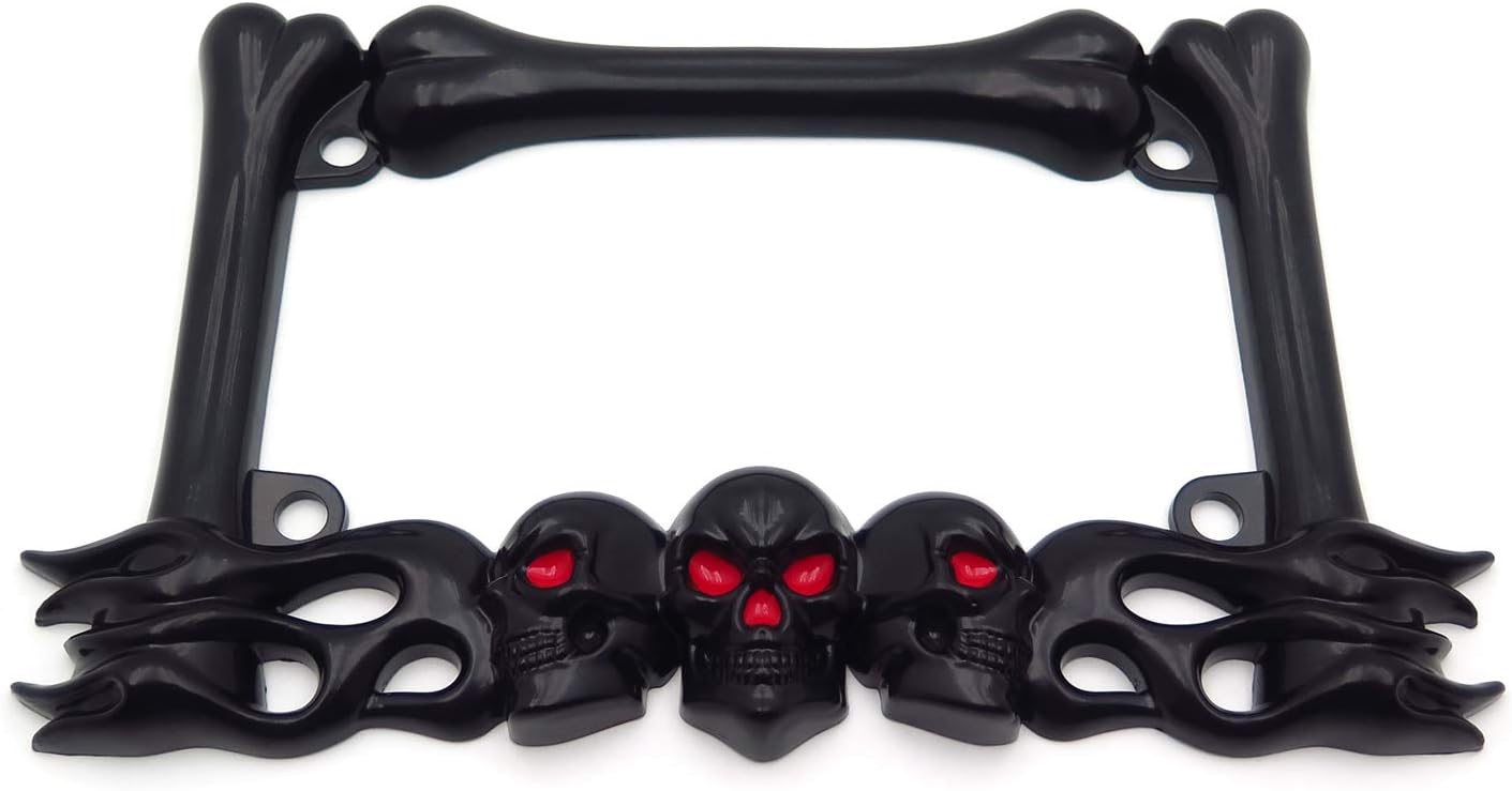 HTTMT- MT294-006- 3D SKULL FLAME BONES BLACK MOTORCYCLE LICENSE PLATE FRAME Compatible With HARLEY-DAVIDSON Black