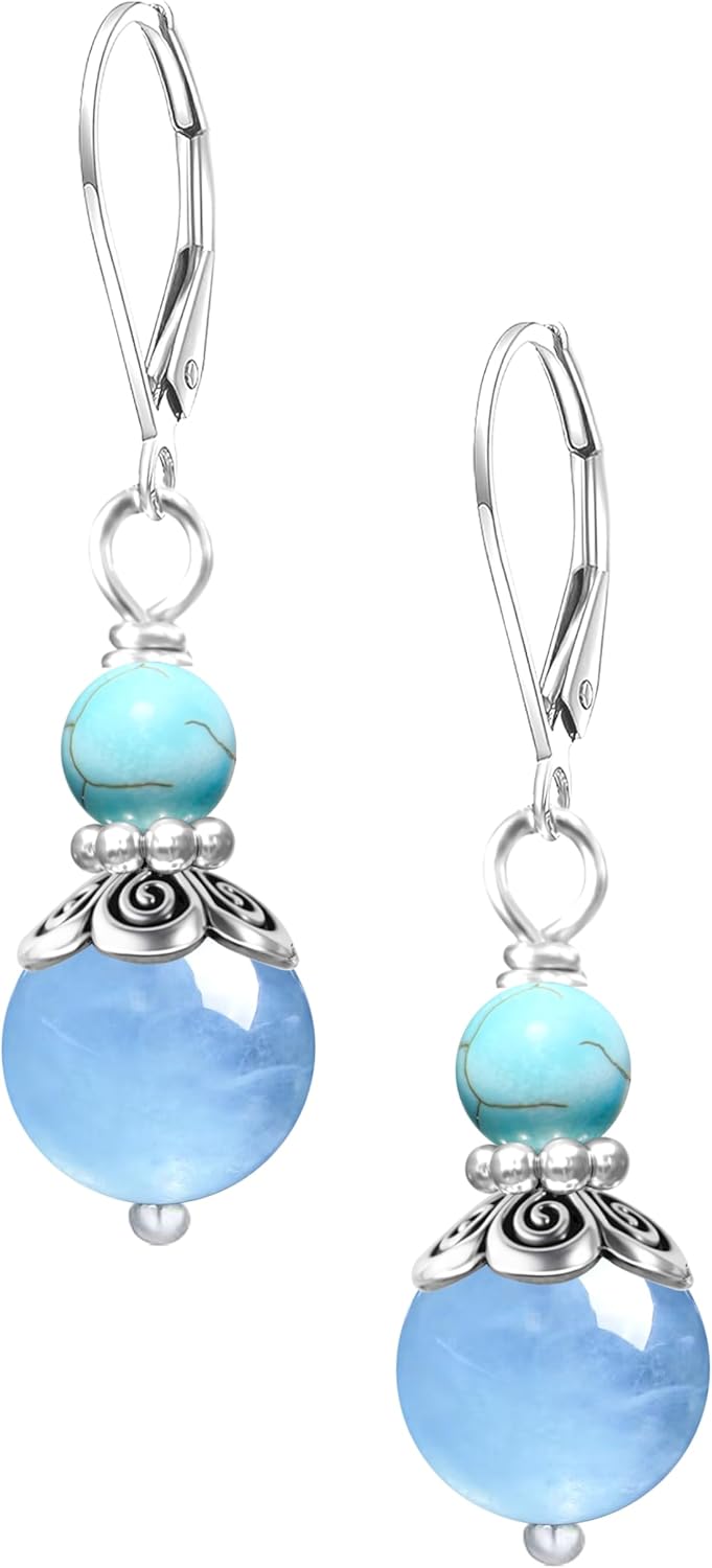 Natural Two Stone Beads Drop Earrings,Platinum Plated Real Genuine Crystal Quartz Gemstone Statement Dangle Earrings for Women Her