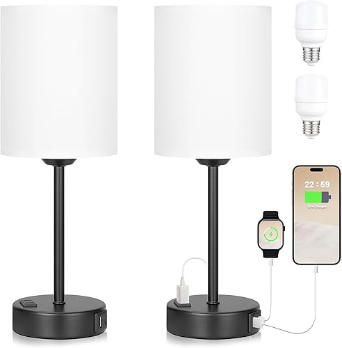 Innqoo Juego de lámparas blancas táctiles para dormitorio, lámparas de noche regulables de 3 vías con puertos USB C y A y tomas de corriente,