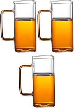Borosilikat Cam Kare Kahve Kupas , Turuncu Kulplu, 350 ML, 3 Adet
