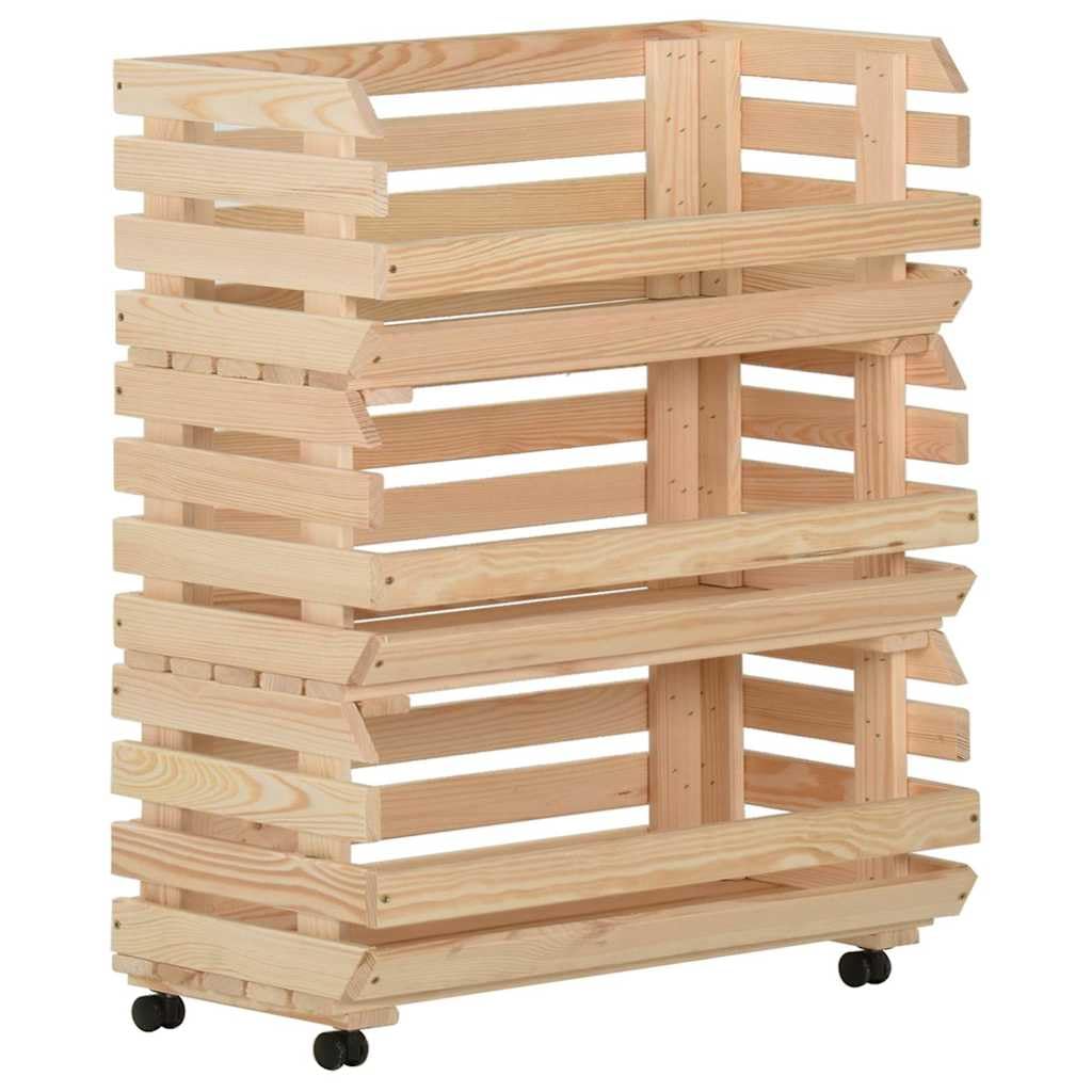 Carrello per verdure in legno di pino massiccio, 77 x 30 x 80 cm, con ruote, 3 scomparti, per cucina, sala da pranzo, soggiorno