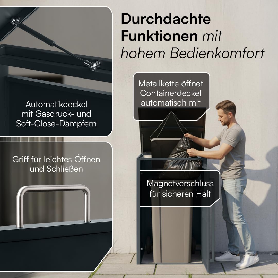 STEELSØN Xalara Mülltonnenbox 1er bis 240L – Mülltonnenverkleidung aus Stahl in Anthrazit – hochwertige Müllcontainer für 1 Tonne – Müllbox wetterfest – UV-beständige Gerätebox/Mülltonnen Box