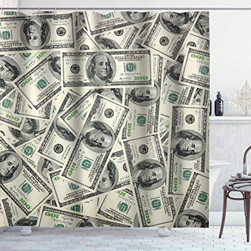 KYKU Money Shower Curtain, Funny USA 100 Dollar Bill Cash Theme Bathroom Decor, Waterproof 3D Printed Bath Curtains Drapes Bathtub Shower Stall, Bath Curtains Hooks Included (84