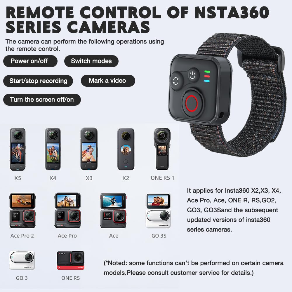 NAVESO Bluetooth Télécommande pour GoPro Hero Insta360 X5/X4/X3/Ace Pro 2/Ace Pro/GO3S/GO3 iOS/Android, sans Fil Smart Remote Control avec Bracelet et Câble de Recharge USB