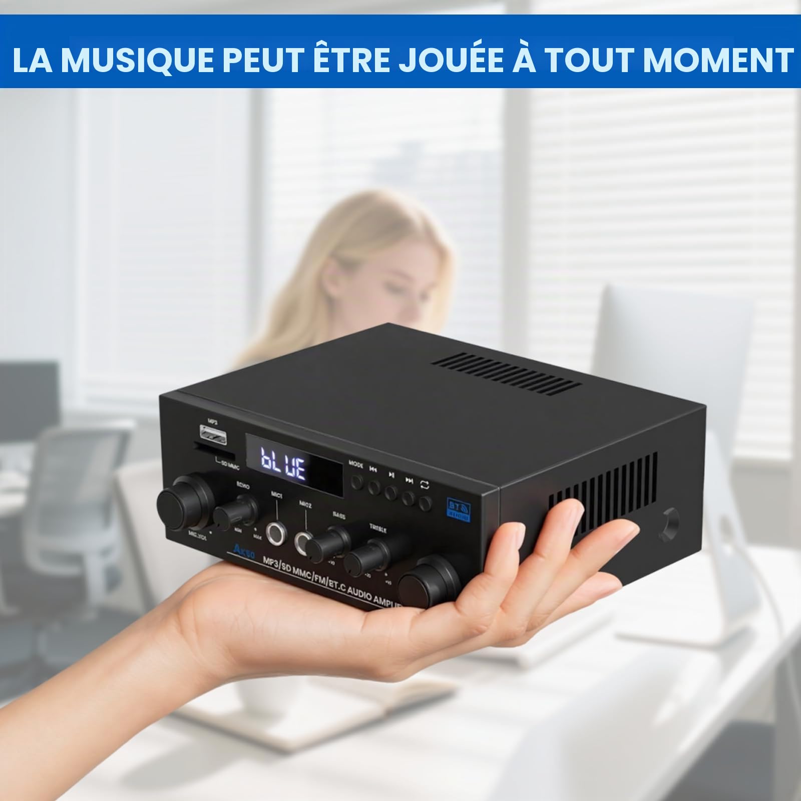 Amplificateur audio stéréo HiFi 2 canaux 500 W (1000 W max.) - Bluetooth 5.3, écran LCD, alimentation 12 V/220 V - Compatible USB/SD/FM/RCA - Pour la maison, la voiture et le karaoké - Avec télécomman