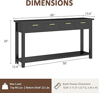 HLXZN Console Table for Entryway, 60 Inch Sofa Table w/4 Drawers and Bottom Shelf Narrow Long Hallway Table for Living Room Entryway Home, Black