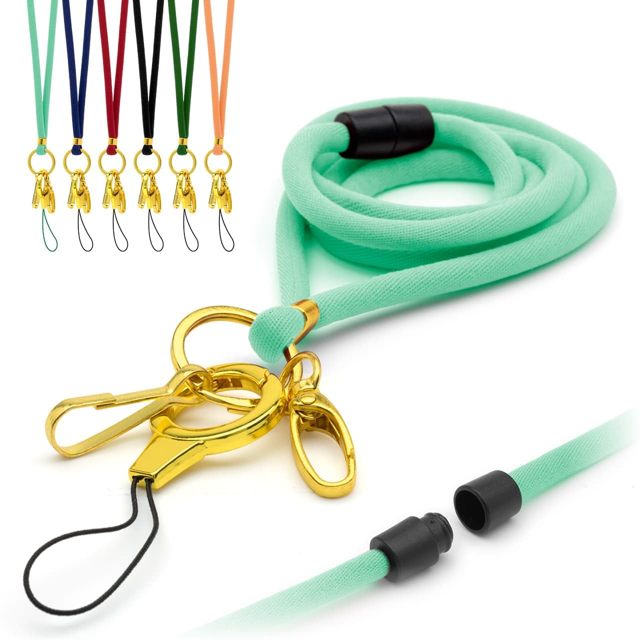 Mint Nylon Cord Lanyards Soft Comfortable with Safety Breakaway, Includes Gold Design O-ring, Loop Clip and Two Metal Clips, ID Badge Holders Thin Rope Neck Straps by LanyardsTomorrow Pack of 10
