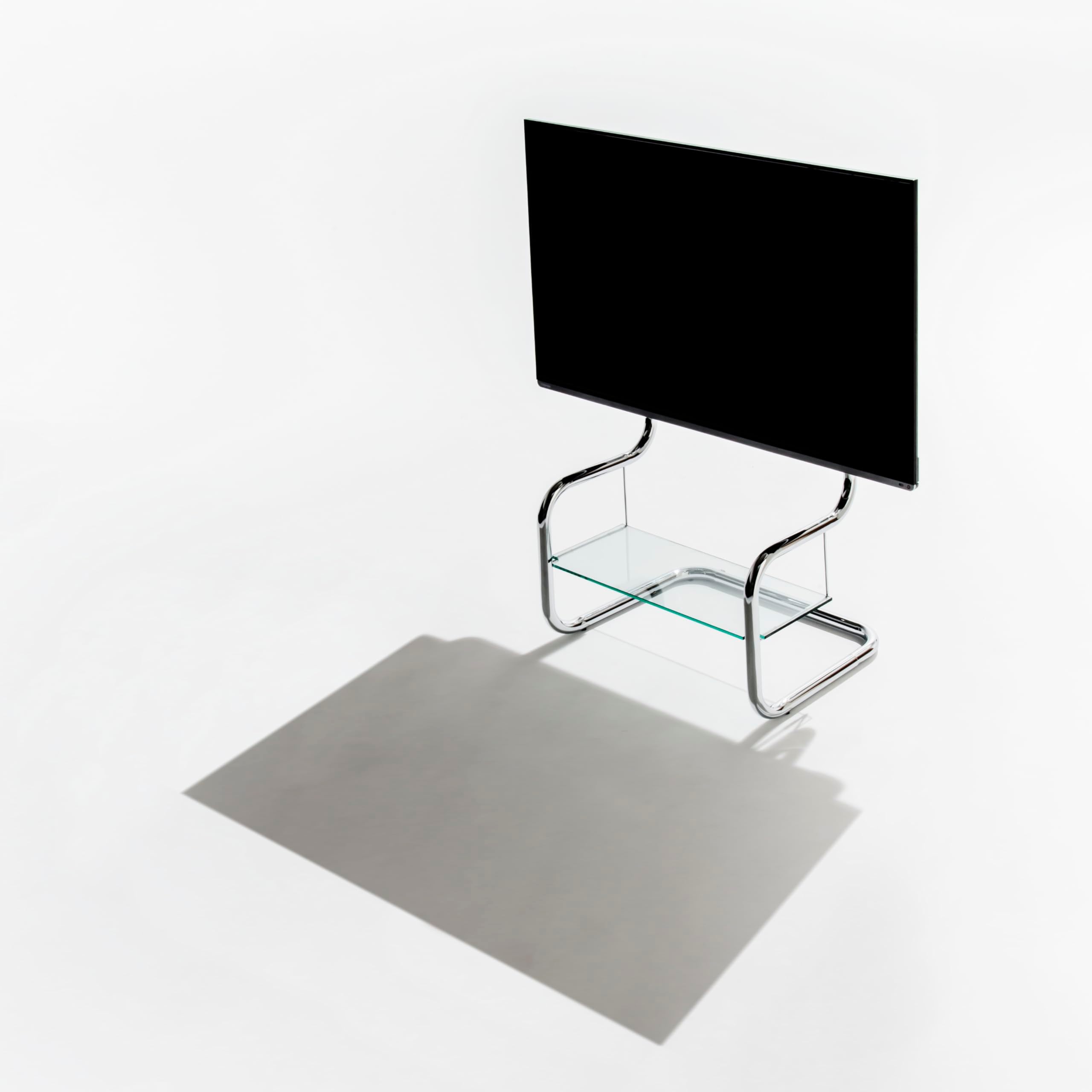 zeitgeist TV Stand Modern Minimalist Glass Shelf Floor Stand Metal up to 65 inch for Living Room Corner Height Adjustable Mount with HDMI, Antenna, Power Cables pre-Installed Chrome/Silver