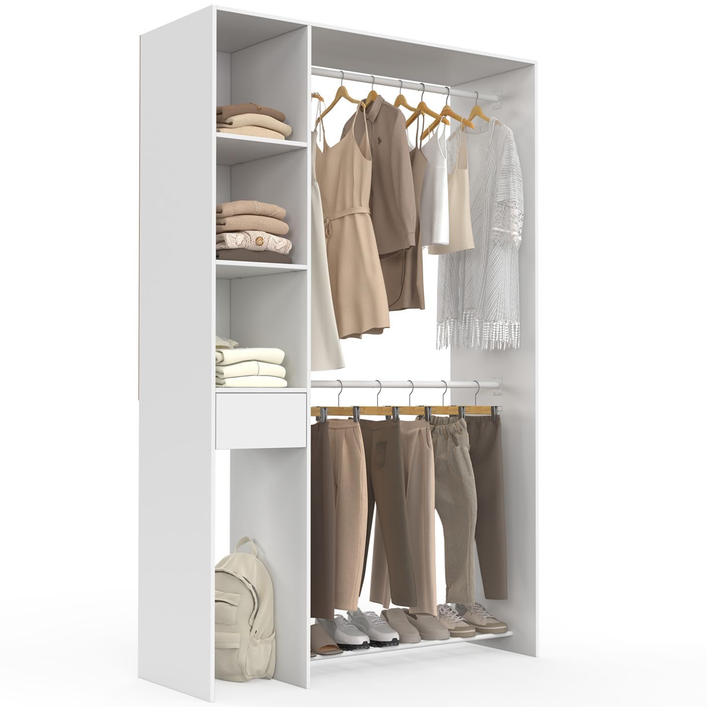 IDMarket - Armario doble L. 110 cm MIRTY con estantes + cajón + zapatero, color blanco