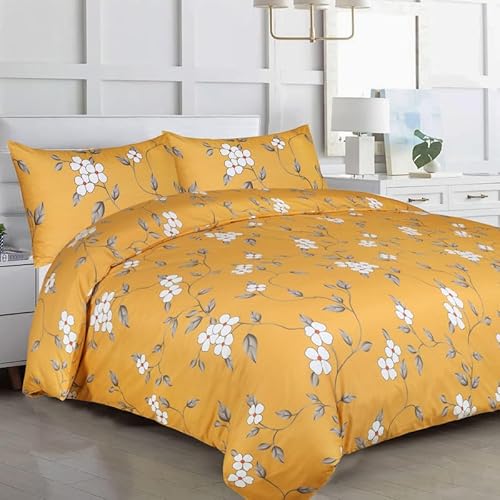 Hafaa Duvet Cover Sets Brushed Microfiber Bedding Double Bed Set Ultra Soft Reversible Quilt Covers Duvet Set with Pillowcases Fade and Wrinkle Resistant (Ochre Flower)