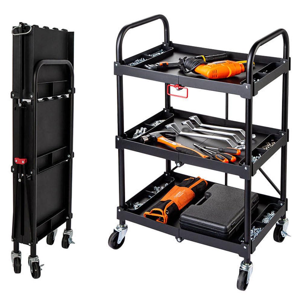 HYTAMA TOOLS Carrello di Servizio 65x40,5x96cm Carrello a Mano Multiuso 3 Ripiani Capacità Totale 60kg, con Ruote Girevoli 360° 2 Ruote con Freni, Carrello Portaoggetti da Garage Giardino