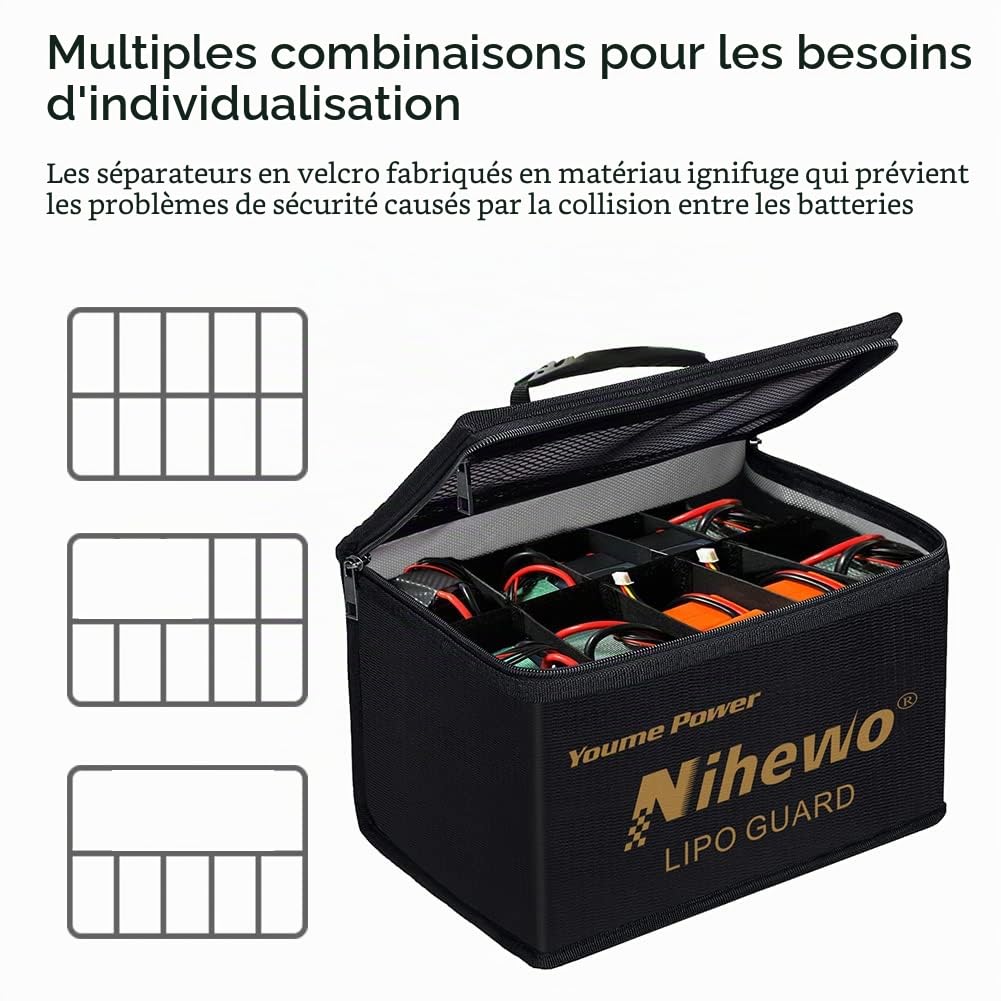 Sac de sécurité Lipo Organisateur de sac antidéflagrant ignifuge Coffre-fort Lipo Guard de grande capacité pour le stockage et le transport et la charge de la batterie Lipo avec poignée et poche filet