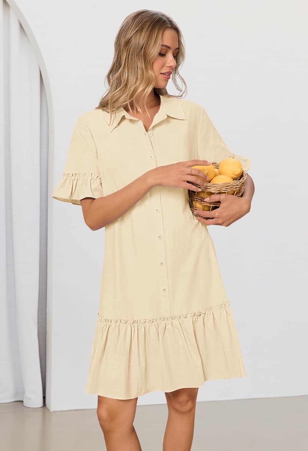 MEROKEETY Women's 2026 Summer Casual Shirt Dress Button Down Ruffle Sleeve Shift Mini Dresses with Pockets - Image 2