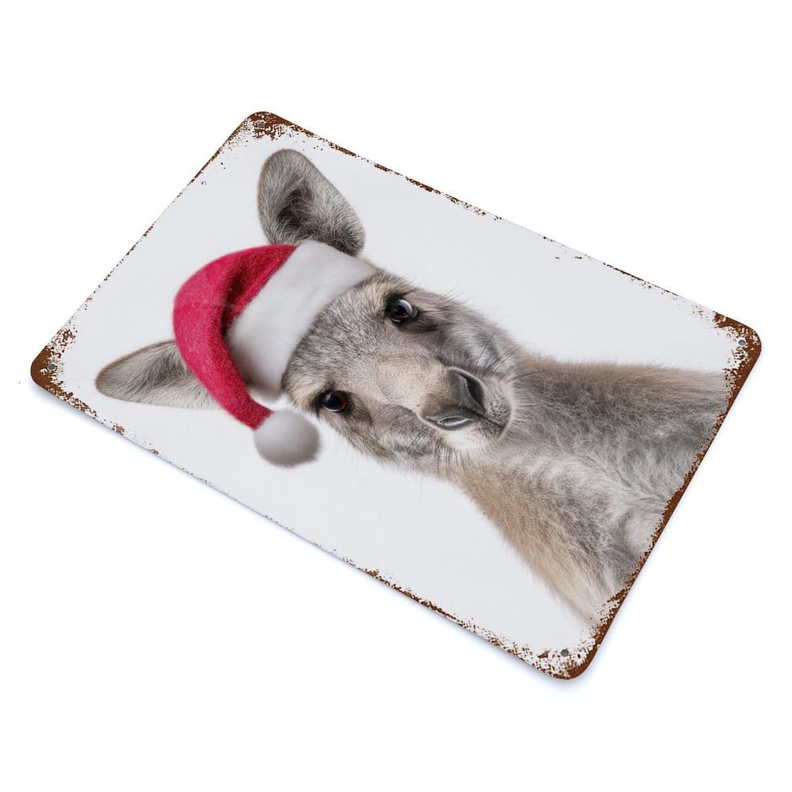 Rust Effect Christmas Kangaroo with Santa Hat Portrait Distressed Metal Wall Sign 11.8"x7.9", Decorative Metal Wall Art for Living Room, Hallway And Home Decor