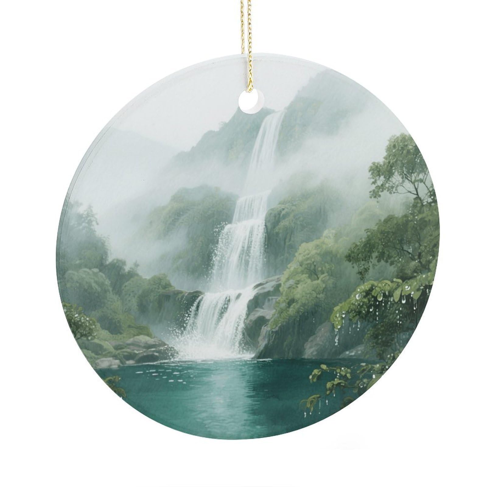 Fekiloot Style Mountain Waterfall Christmas Ornaments 2.9 Inch Round Ceramic Ornament Keepsake Thank You Gifts For Office, Room, Home - Holiday Present Ideas