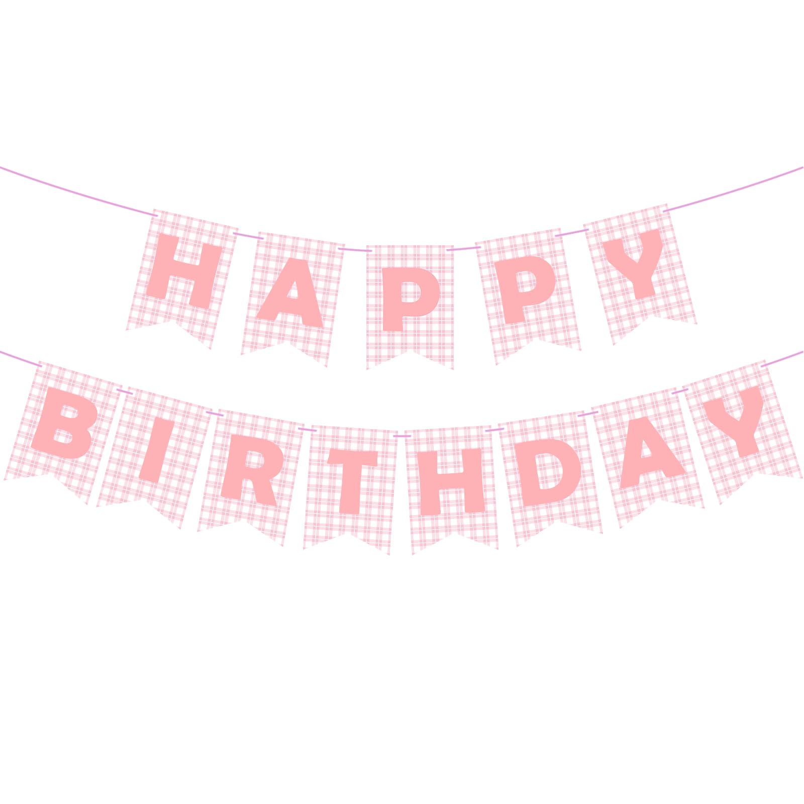 2Pcs Gingham Pink Happy Birthday Banner - Preppy Girls Party Decorations, Gingham Checker Happy Birthday Banner for Summer Camp, Pink & White Party Decor Supplies