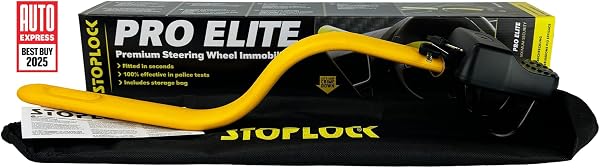 Stoplock Pro Elite Car Steering Wheel Lock HG 150-00 - Safe Secure Heavy Duty Anti-Theft Bar - Universal Fit - Includes 2 Keys and Carry Bag, Black/Yellow, 1 Unit - 4