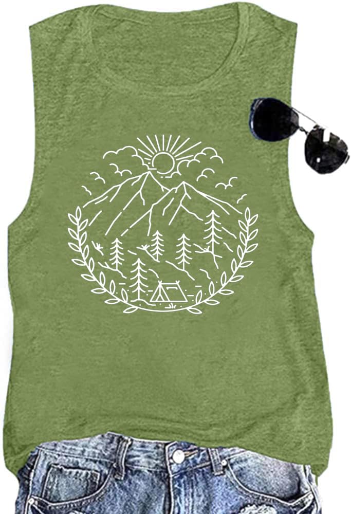 Women Hiking Camping Outdoor Tank Top Summer Mountain Nature Funny Graphic Print Round Neck Workout Athletic Sleeveless Tops