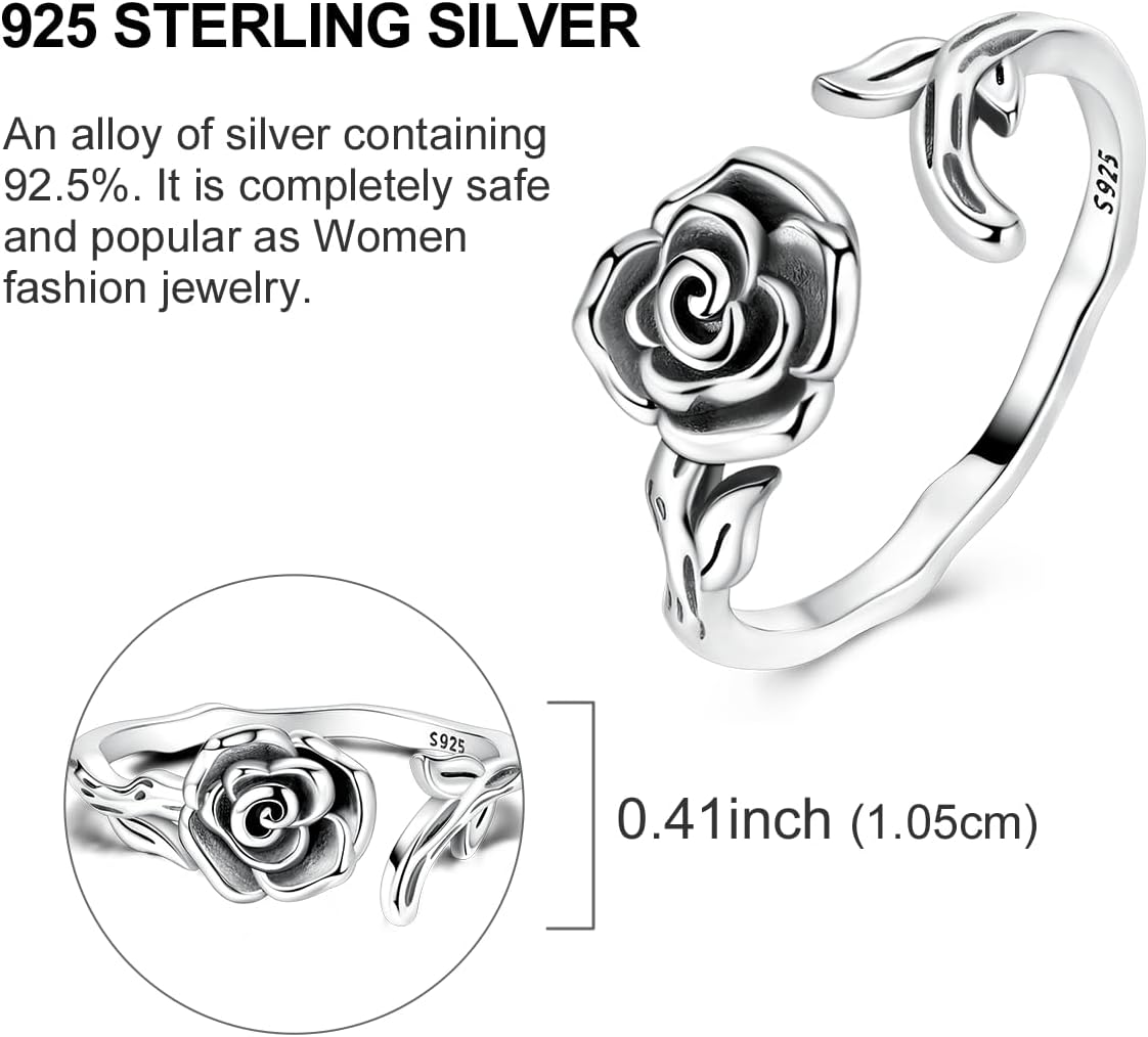 Hapour Adjustable Rose Rings for Women S925 Sterling Silver Stackable Open Eternity Band Flower Leaves Rings - Image 5