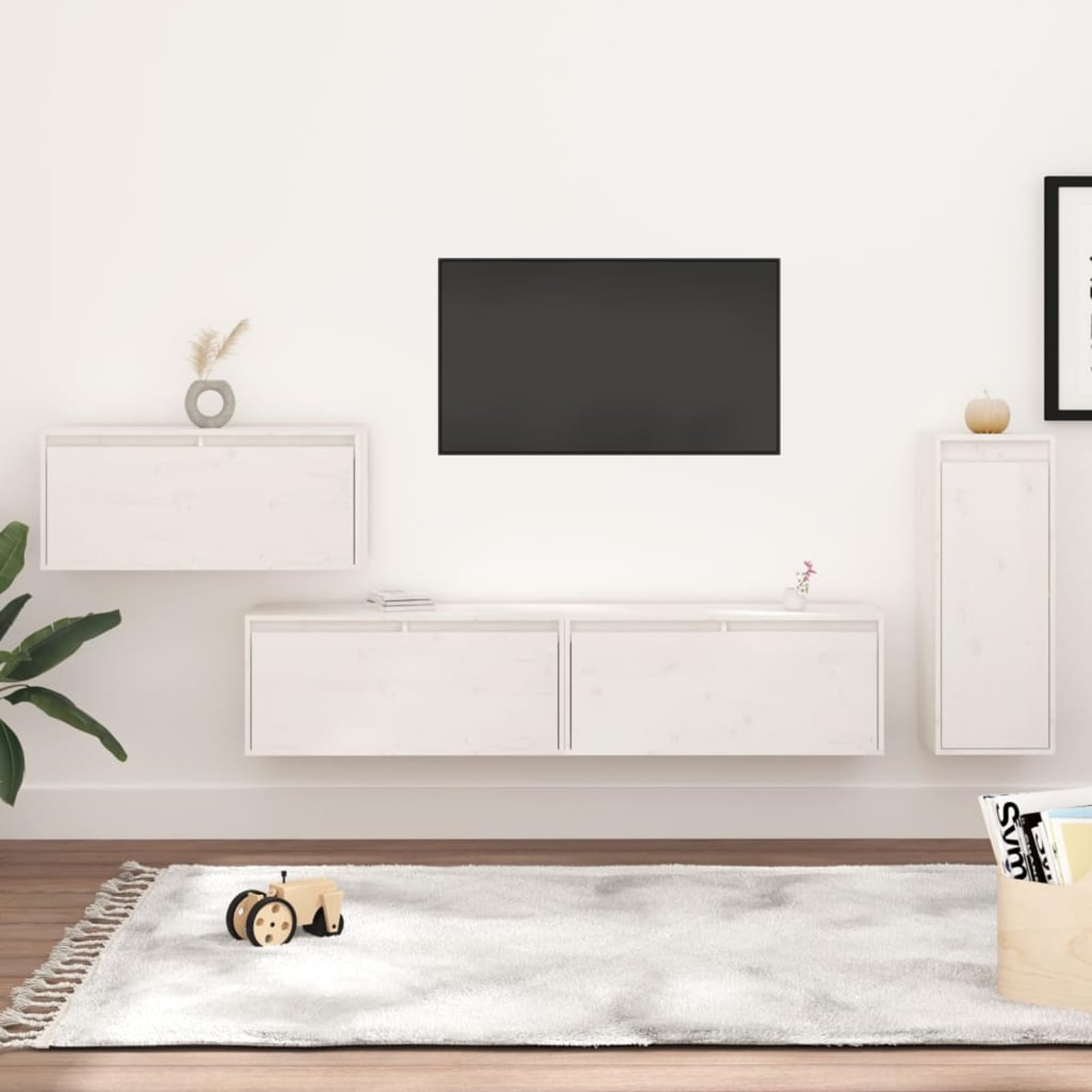 Juego de Soporte para TV de Madera de Pino - Muebles de Sala de Estar Blancos de 4 Piezas, Elegante Centro de Entretenimiento, Unidad de Pared para Sala de Estar, Muebles de TV contemporáneos -