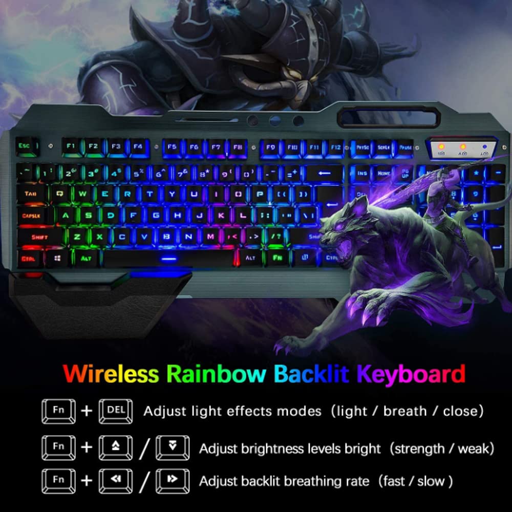 Teclado y ratón inalámbricos para juegos,ratón recargable con retroiluminación arco iris con panel de metal de batería de 3800 mAh, teclado mecánico extraíble y ratón de silencio para juegos