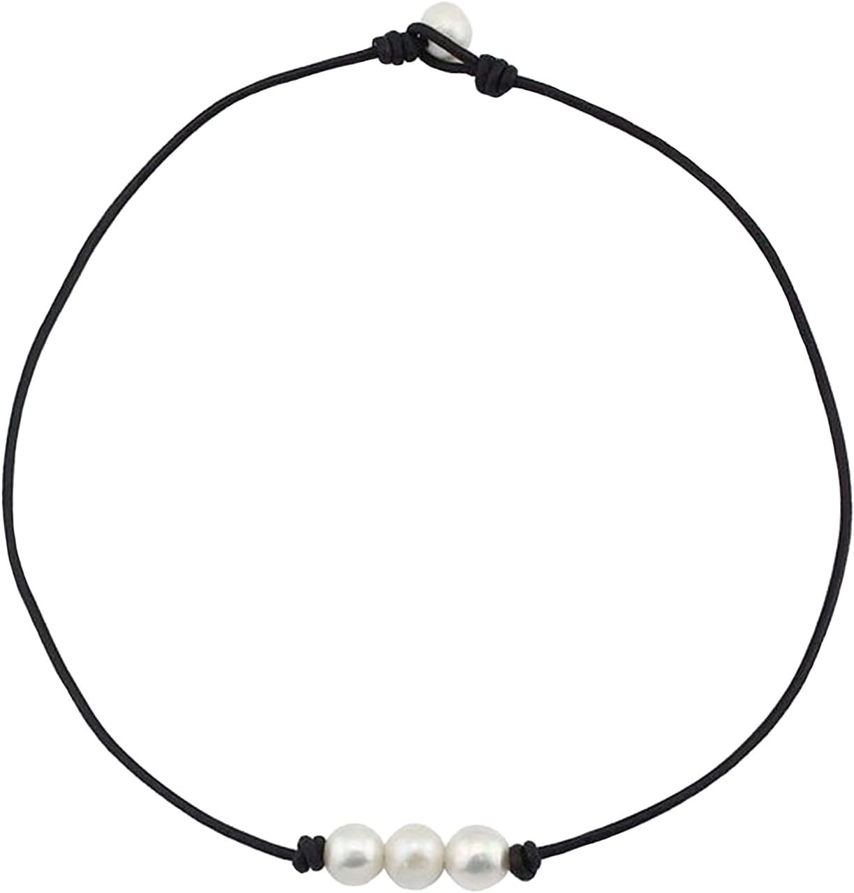 Freshwater Pearl Leather Rope Necklace for Women 3 Bead Necklace Handmade