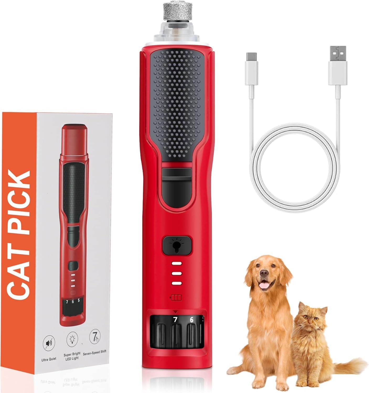 7-Speed 360° LED Strong Light Dog Nail Grinder Quiet Cat Nail Grinder Dog Nail Trimmers for Large Medium Small Dogs Cats Pets Claw Trimmer Quick Dog Nail Clipper