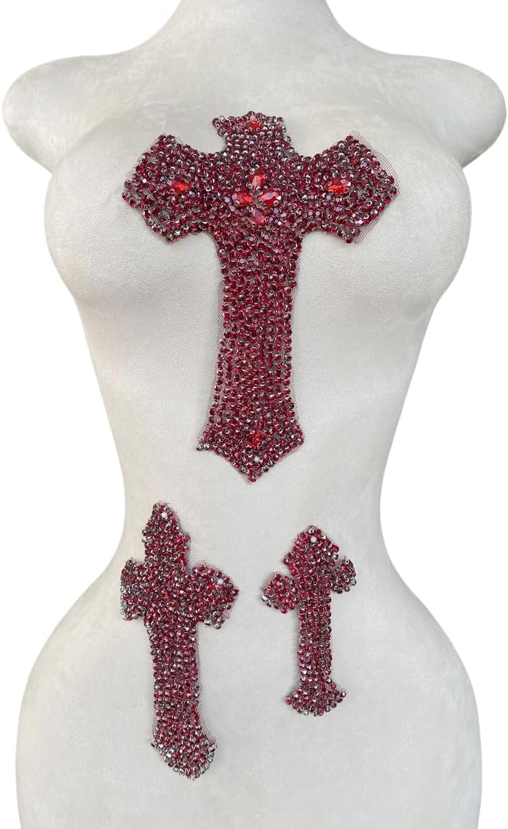 3PCS Pure Handsewing Rhinestones Applique Multicolor Cross Patch DIY Craft Accessories for Dress Jackets Jeans Backpacks Hats Clothing Decoration (Black)