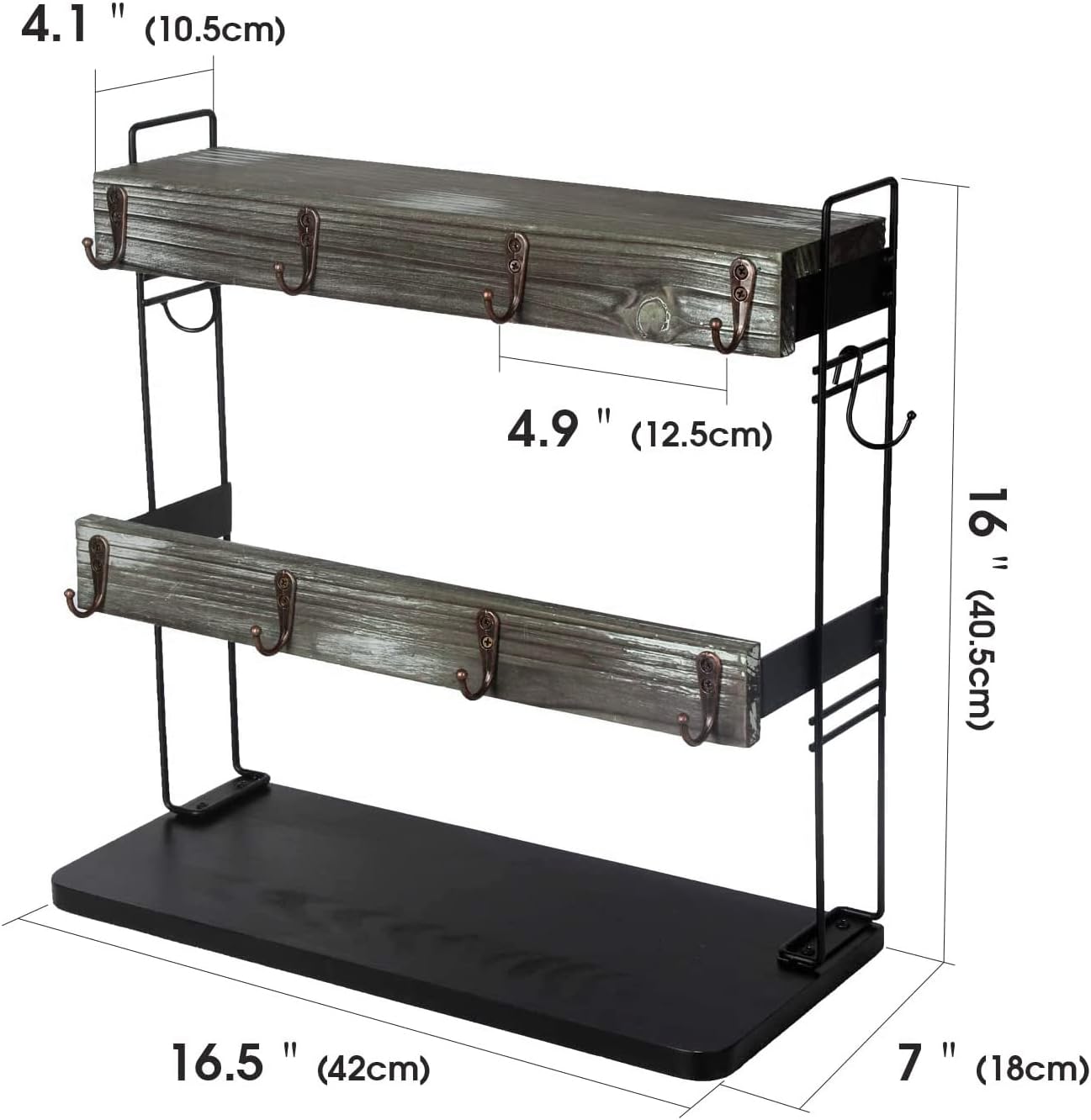 J JACKCUBE DESIGN Rustic Wood Countertop 2 Tier Coffee Mug Cup Rack Holder Stand with Metal Frame and Wooden Shelf for Coffee, Tea Cups Display Organizer with 10 Hooks - MK651A