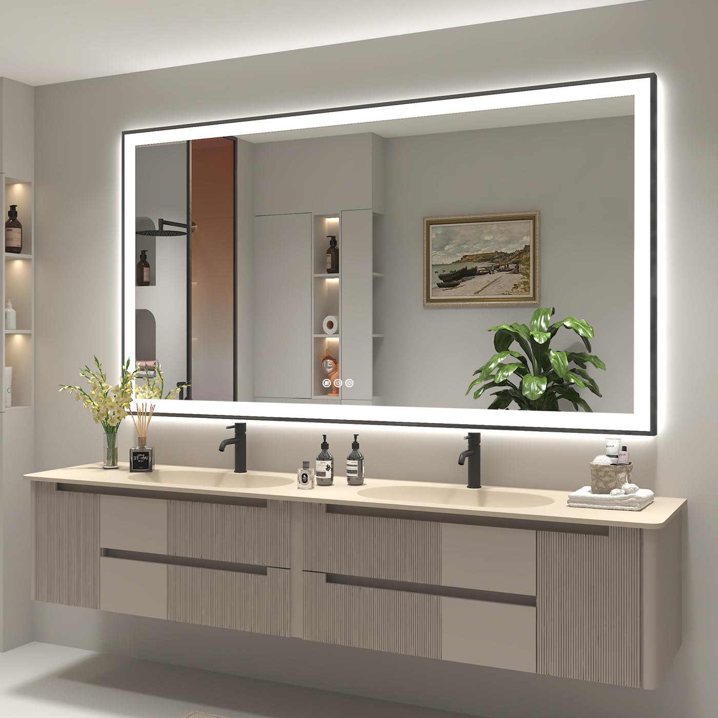 View 1 of ***TRUCK/TRAILER PICKUP ONLY***SMIROR 72x40 Black Framed LED Lighted Bathroom Vanity Mirror for Wall