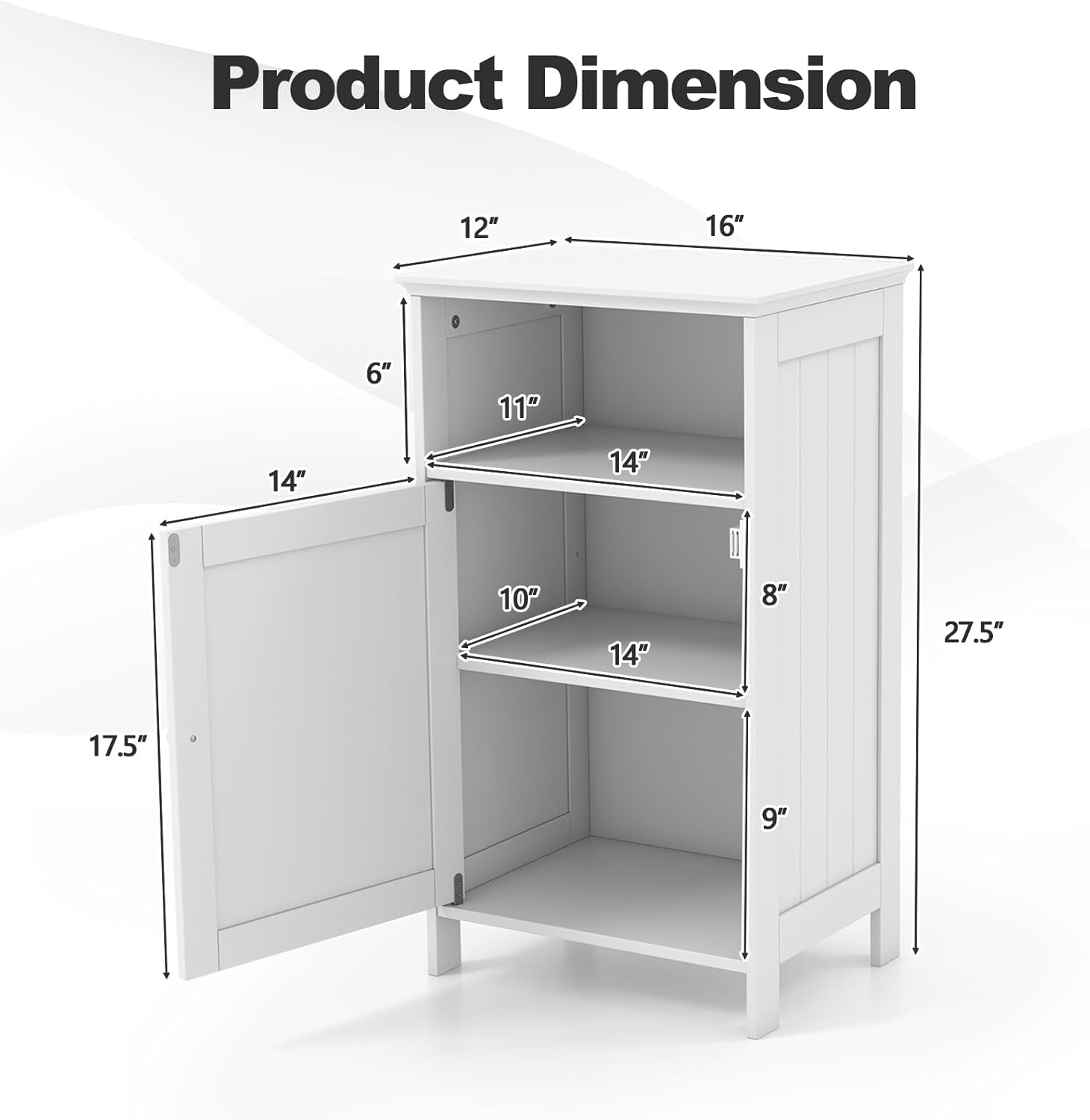 COSTWAY Single-Door Floor Cabinet, Compact Bathroom & Side Storage Organizer with Adjustable Shelf, Anti-Tip Safety, and Open Compartment for Bathroom, Living Room (White)