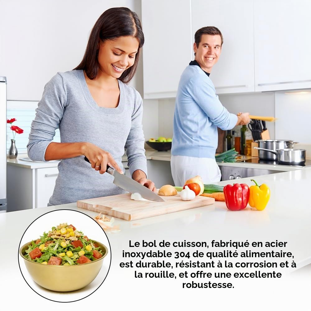 8 Pièces Doré Bol Inox 19 x 8 cm, avec 1.2L Échelle, pour Salades | Doré Saladier en Acier Inoxydable, Empilable, Grande Capacité, Bol Mélanger Doré, pour Salades, Fruits, Soupes, Nouilles, Riz