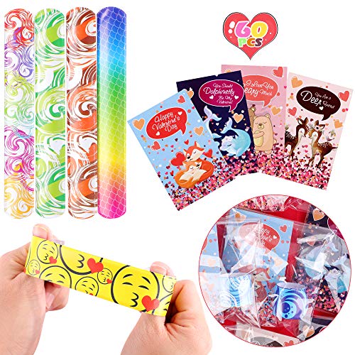 Figoal Valentine’s Day Gifts For Kids Classroom 60 Pack Slap Bracelets Slap Bands In 30 Designs With 30 Pack Valentines Gift Cards Plus 30 Goodie Bags Party Favors School Classroom Prizes For Kids Boys Girls Adults #TOP6