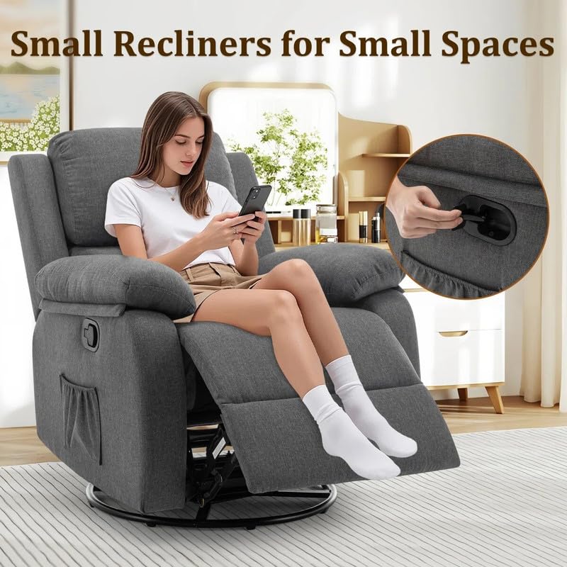 Image of Recliner Chair,Manual Recliner, 360 Swivel Recliners for Small Spaces,Rocker Recliner with Side Pockets Chairs for Living Room, Bedroom, Nursery, Dark Grey