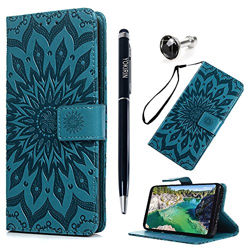 Samsung Galaxy S9 Case, PU Leather Wallet Case Sunflower Pattern Flip Folio Magnetic Book Skin Shell with Credit Card Slots and Kickstand Wrist Strap Soft TPU Bumper Full Proteciton, Blue