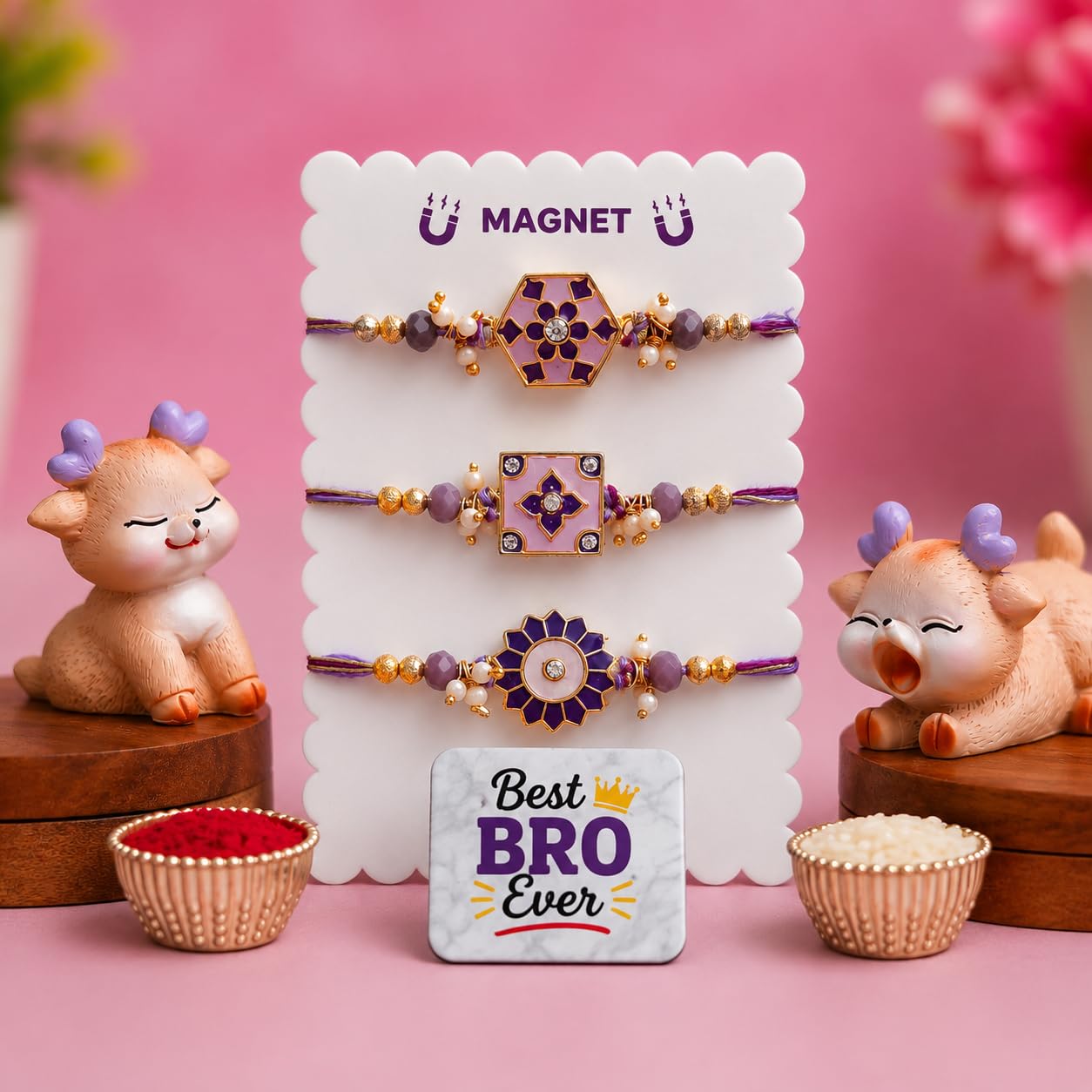eCraftIndia Designer Rakhi Set of 3 for Brother with Best Bro Ever Fridge Magnet & Cute Animal Showpieces | Premium Bead