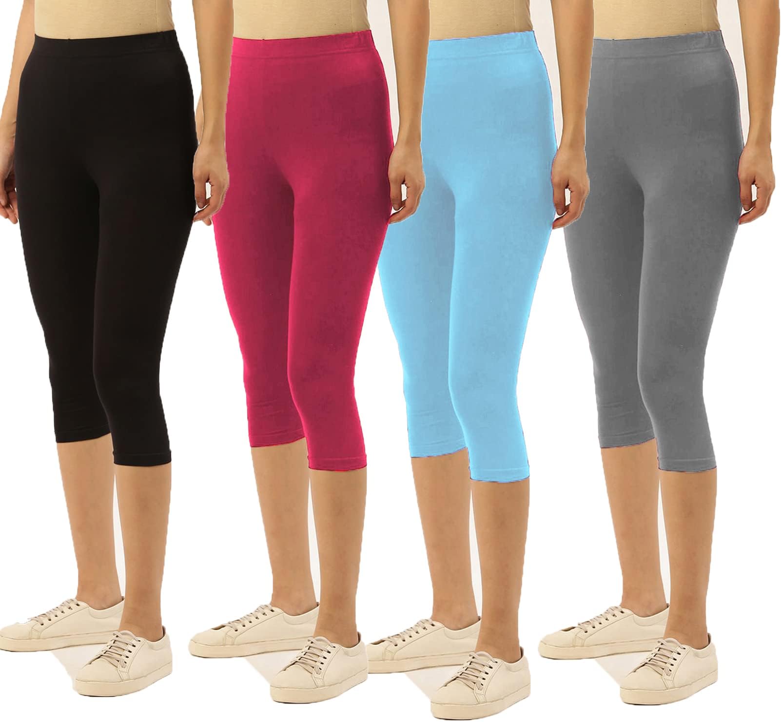 Girls/Women's Cotton Plain Capri, 3/4 Leggings for Women, Nightwear Capri for Women,Colors May Vary (Free, 4 Pack) (Free Size 28-34 inch Waist)