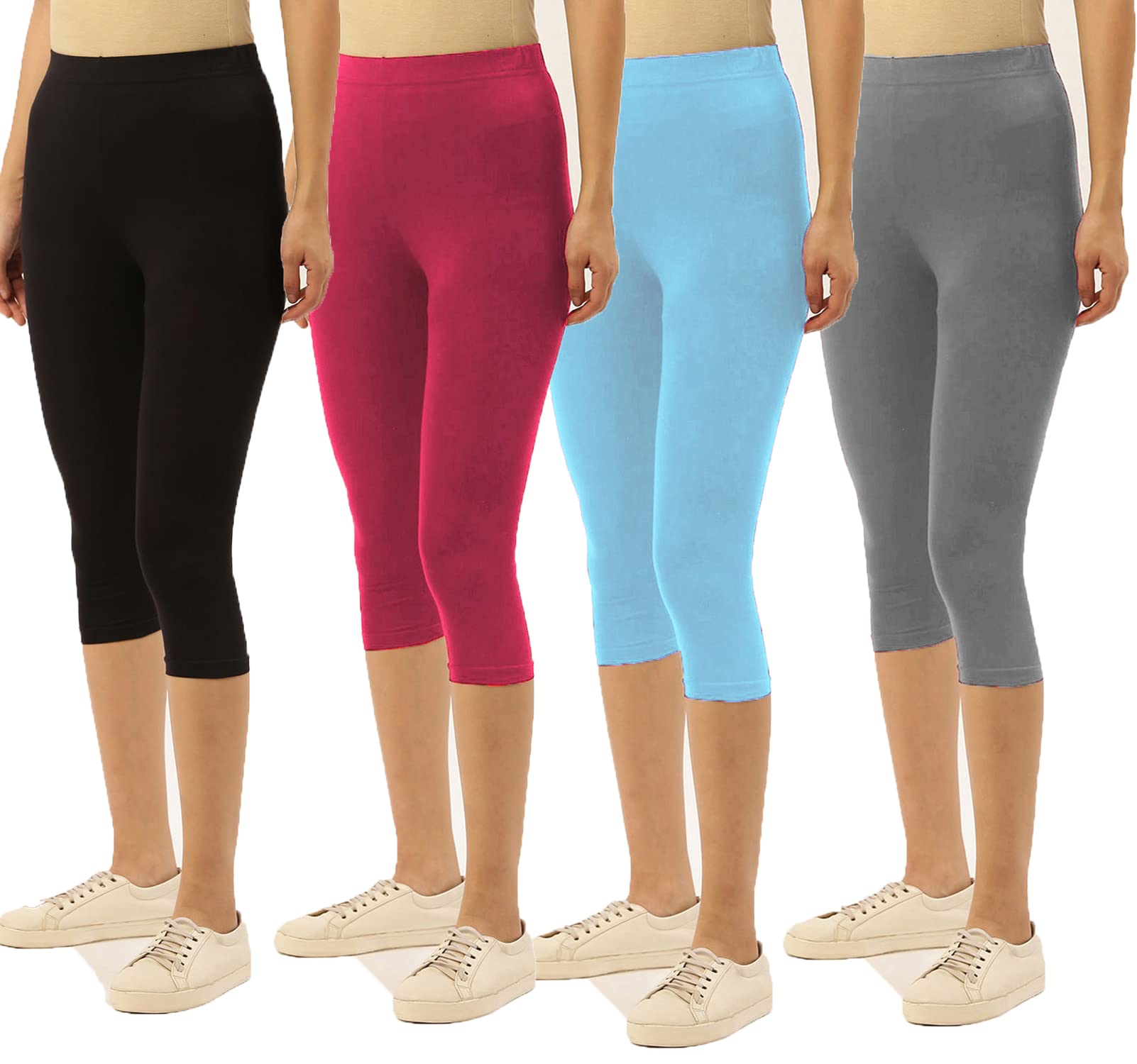 Girls/Women's Cotton Plain Capri, 3/4 Leggings for Women, Nightwear Capri for Women,Colors May Vary (Free, 4 Pack) (Free Size 28-34 inch Waist)