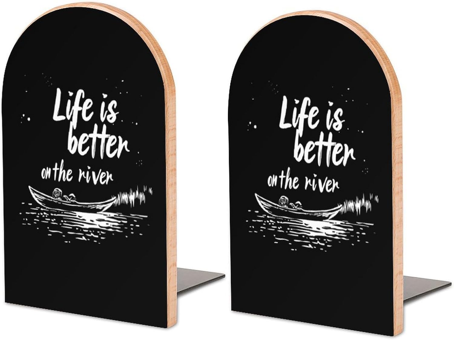 Life is Better on River Cute Wood Book Ends Decorative Bookends 1 Pair Non-Skid for Shelves Home Office 7 X 5 Inch