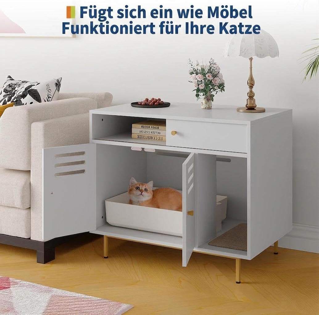 Modernes Katzenklo-Möbel mit Schublade, Regal, Versteckter Katzenklo Schrank 80 × 50 × 67cm, Katzenstreu Enclosure mit Seitlicher Einstieg, Belüftetes, Hundesicher für Flur & Schlafzimmer, Weiß