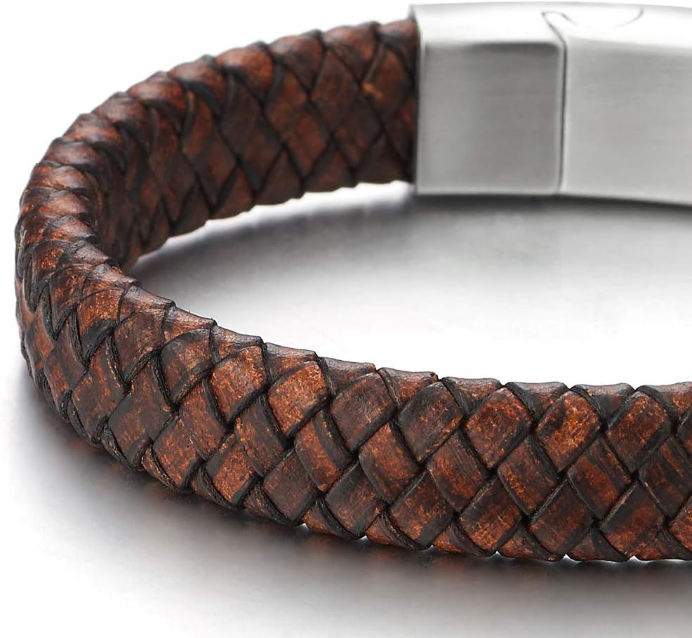 COOLSTEELANDBEYOND Men's Brown Braided Leather Bracelet With Stainless Steel Clasp, Round Woven Wristband, Minimalist Everyday Jewelry Gift - Image 3
