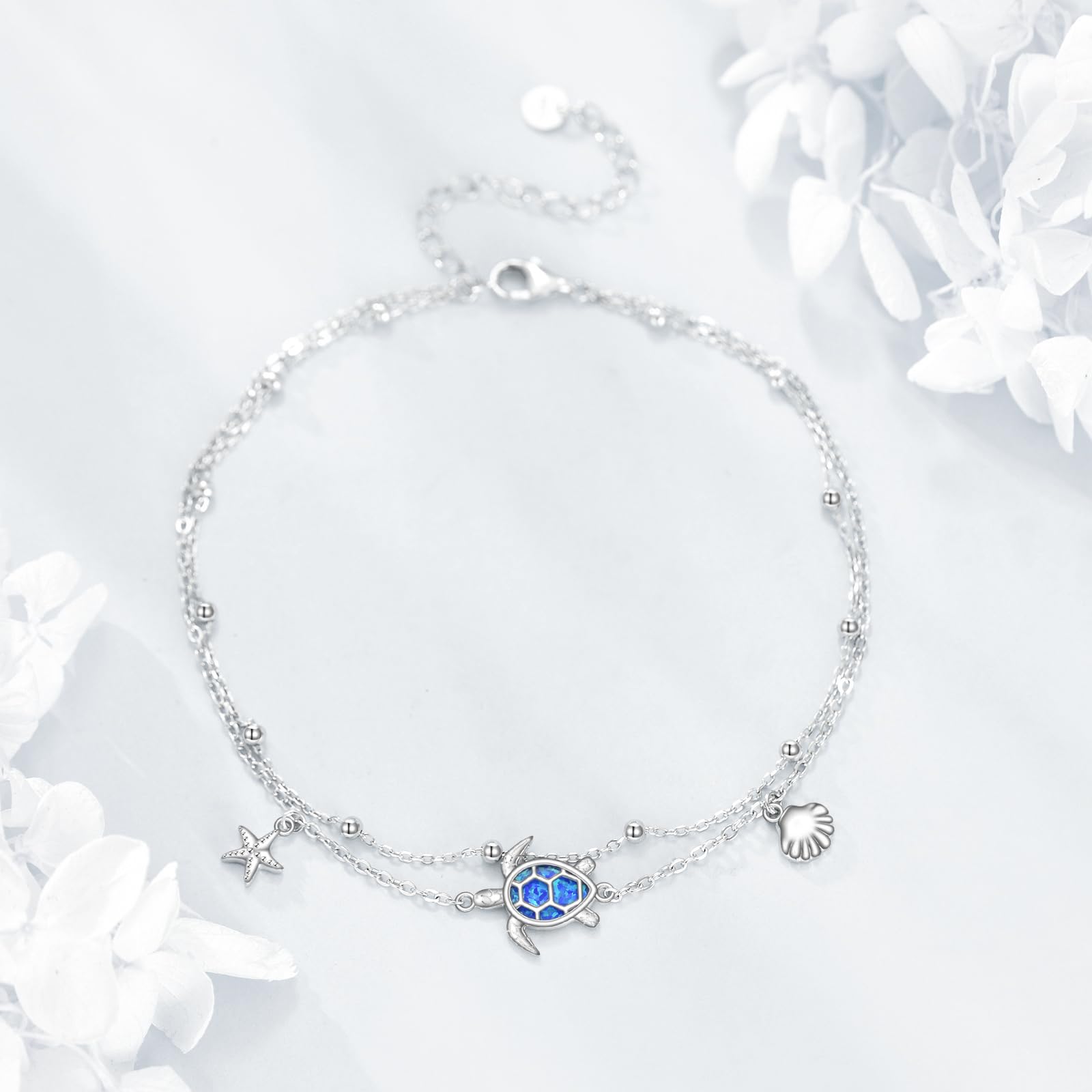 DAYLINLOVE Tobillera de tortuga de plata de ley 925 con estrella de mar, concha de mar, pulsera de tobillo ajustable para mujer, 9+2, Plata de ley, No es una piedra preciosa