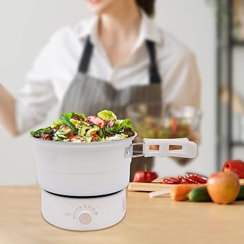 وعاء ساخن كهربائي بمقابض قابلة للطي، طباخ كهربائي محمول سعة 1.6 لتر مع رف بخار البيض، غطاء وملعقة من الخيزران، ملعقة من الخيزران مع قاعدة، طباخ نودلز سريع لشخص أو شخصين (أخضر)