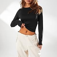 Vista 79 de Blusa corta básica casual para mujer, ajustada, manga larga, cuello redondo, color sólido, para otoño, camiseta ajustada Gris claro