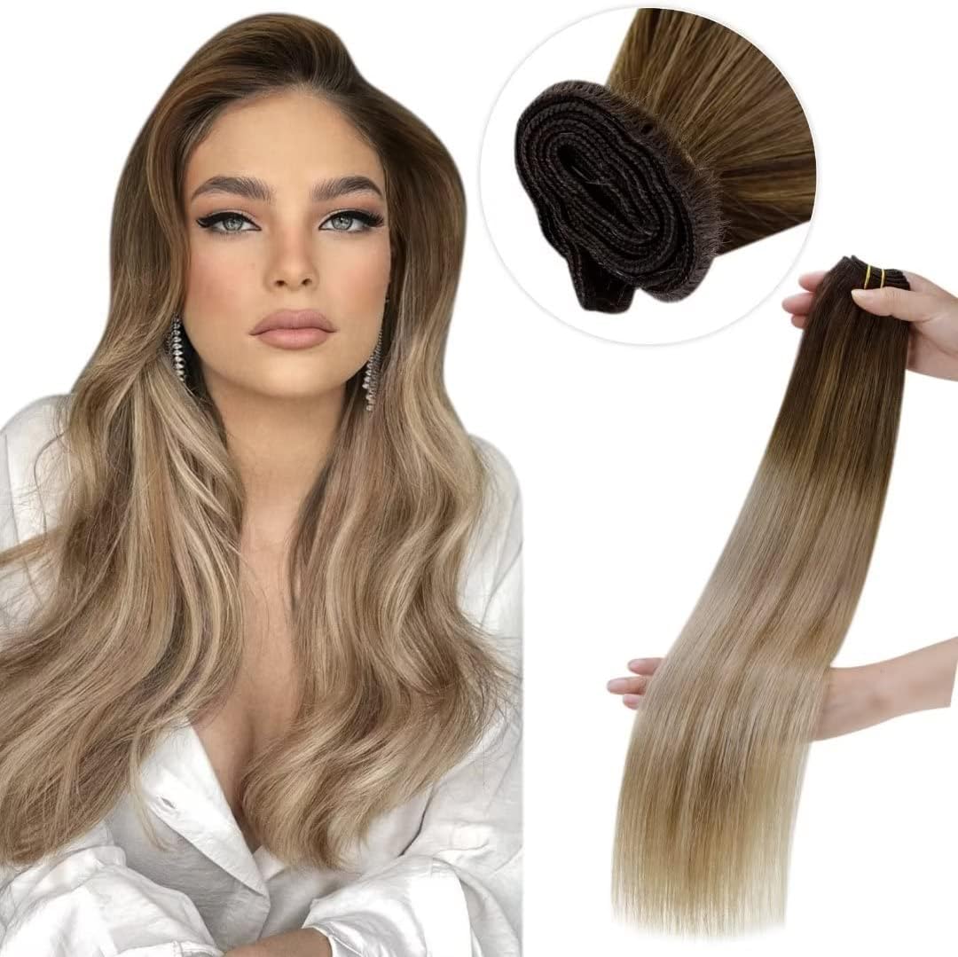 LAAVOO 22inch Remy Sew in Hair Extensions Balayage Brown 100 Gram Chocolate Brown to Golden Brown and Platinum Blonde Weft Hair Extensions Nordic Remy Hair Hand Tied Weft Human Hair Bundles
