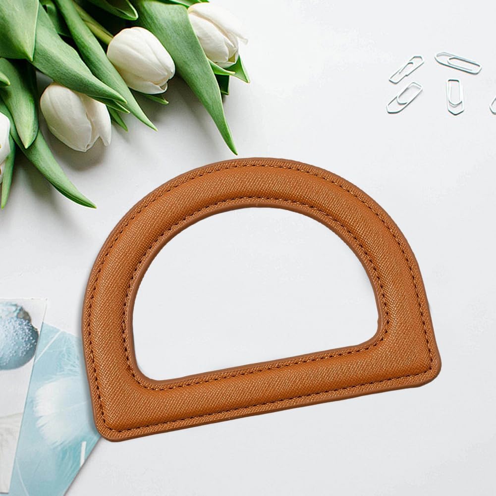 4PCS 5 Inch D Shape PU Leather Handbag Handles Frame Short Brown Leather Purse Handle Replacement Classic Decorative D-Shaped Bag Shoulders for DIY Beach Straw Crochet Bag Making Supplies image 3