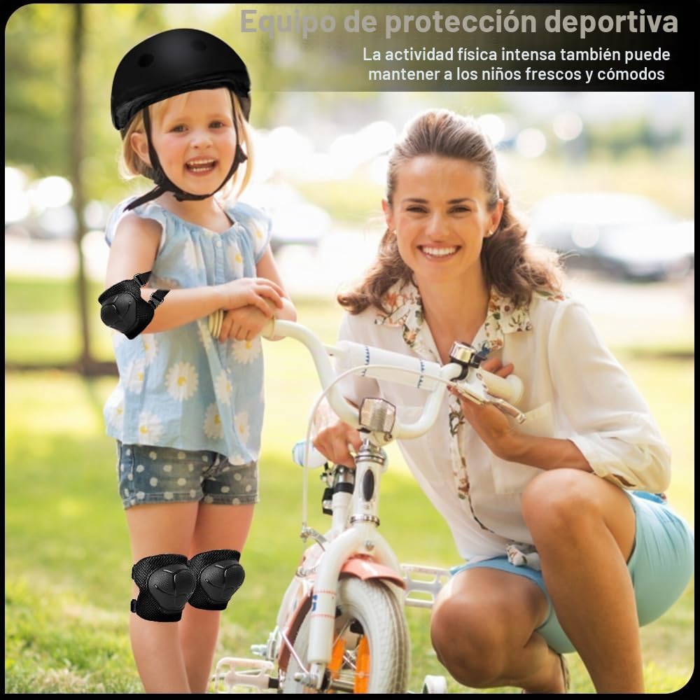 mizikuu Casco Bici Niño, 7 In 1 Set de Protecciónes Infantiles Adjustables Rodilleras Coderas y Muñequeras Almohadilla De Seguridad Protector para Patinar, Bicicleta, BMX, Monopatín, Aeropatín, Negro