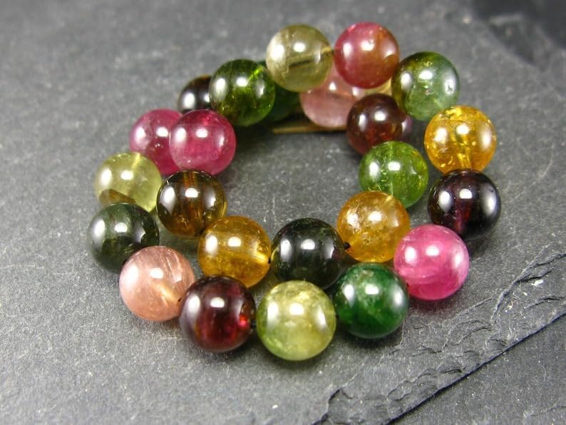 LKBEADS Natural Watermelon Bicolor Tourmaline 8mm rondelle smooth 7inch Semi-Precious Gemstones Beaded Bracelets for Men Women Healing Crystal Stretch Beaded Bracelet Unisex