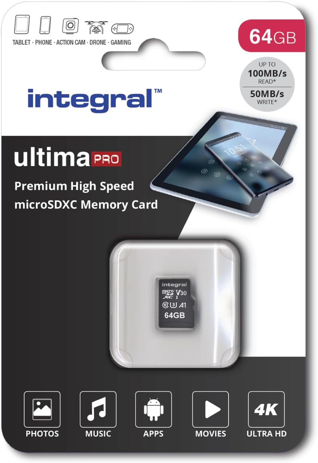 INTEGRAL INMSDX64G-100/70V30 Integral 64GB MICRO SDXC 70V30, R:100MB/s W:70MB/s U3 V30 + ADAPTER